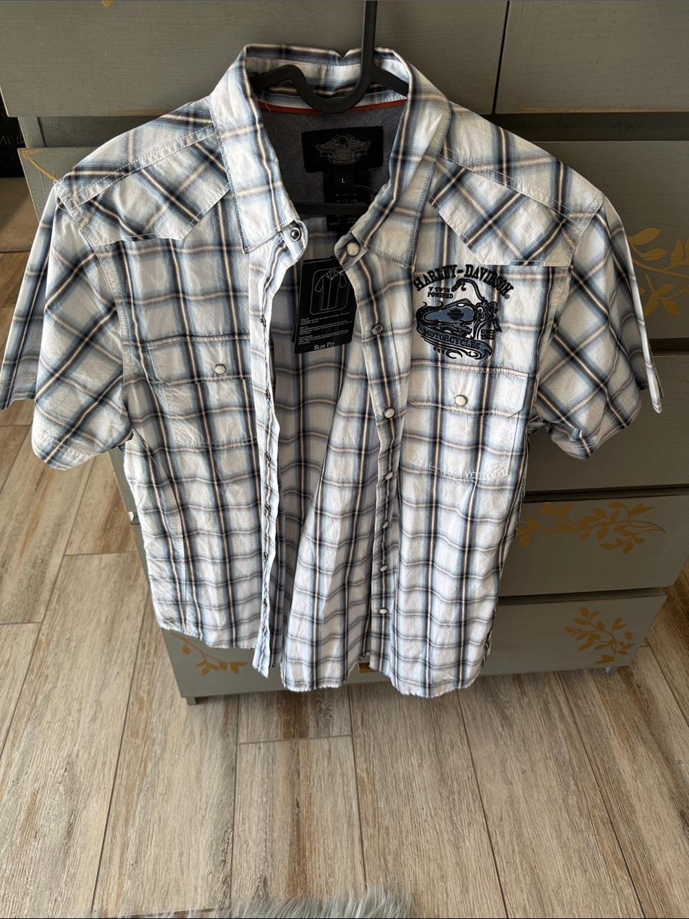 Harley-Davidson White and Blue Plaid Short Sleeve Button-Down Shirt